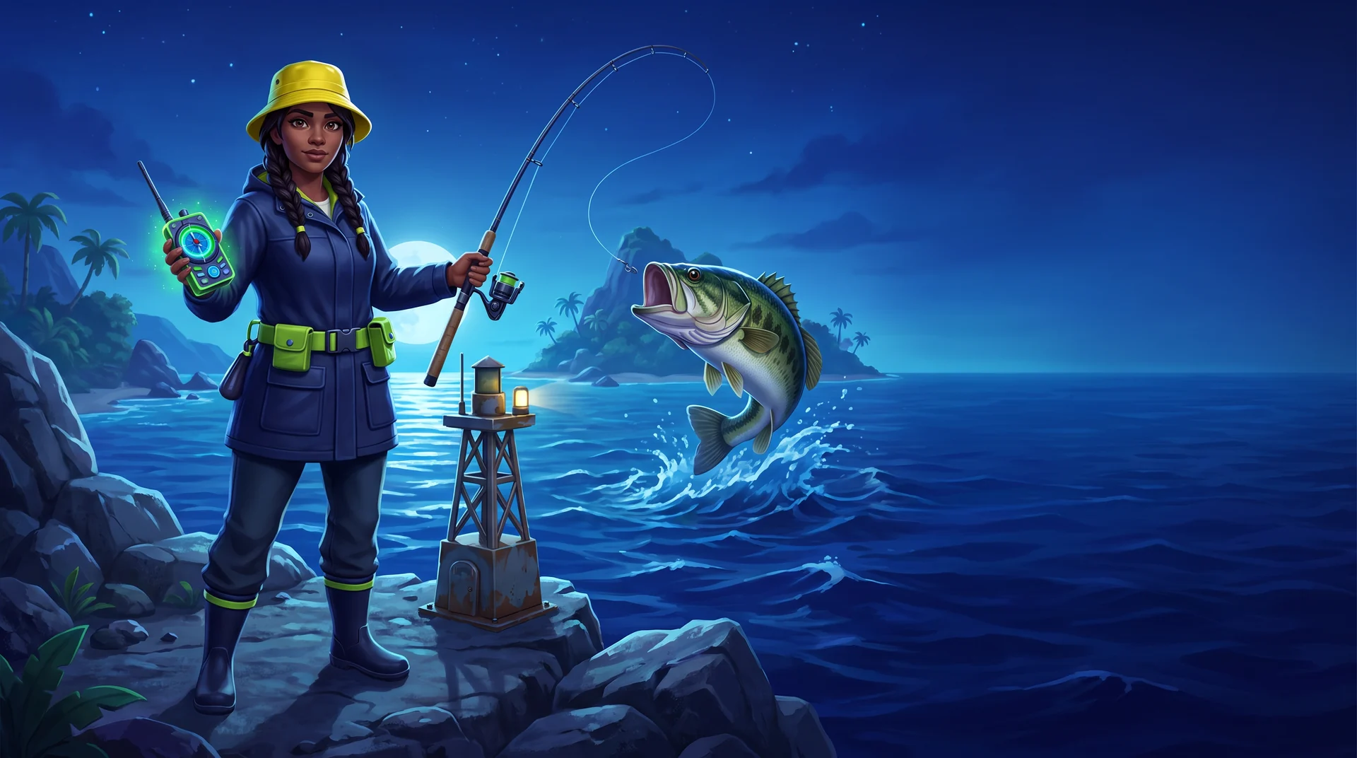 Fictional explorer-fisher beside a signal mast