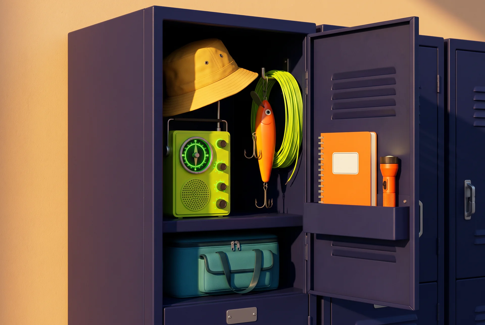 Fictional radio fishing locker still life