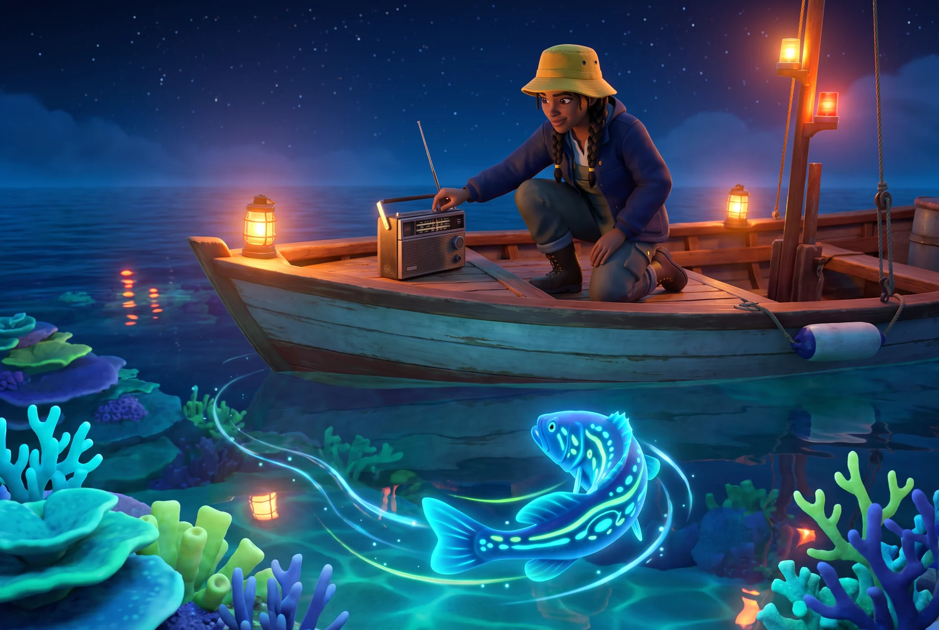 Stylised fictional dispatch scene for Reef Frequency 88.4